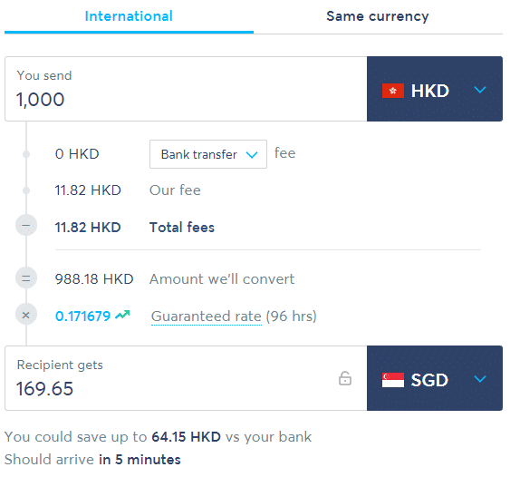 transferwise香港汇款到新加坡